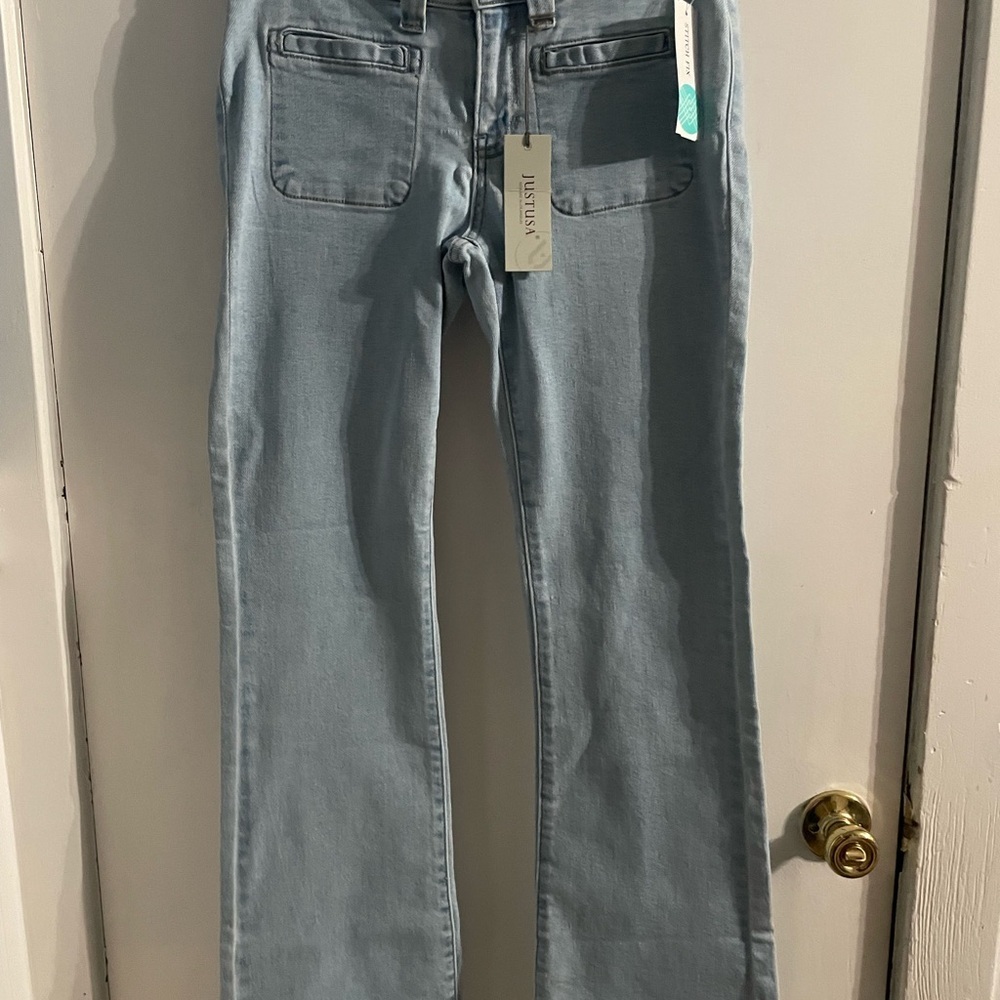 STEAL!! BNWT Just USA low rise mini patch pocket bootcut light blue jeans size 8 - Picture 4 of 9